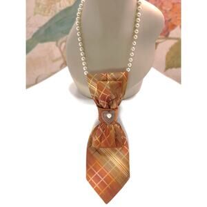 Artisan Upcycled Vintage Tie Necklace String of Faux Pearls Orange Gold Elegant